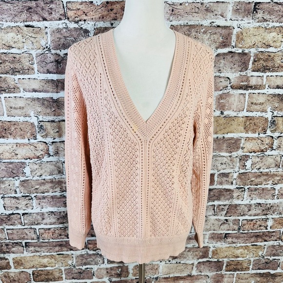 White House Black Market Blush Pointelle V-Neck Knit Sweater Women's Large - Picture 2 of 16